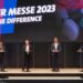Direktur Jenderal Ketahanan, Perwilayahan, dan Akses Industri Internasional Kementerian Perindustrian Eko SA Cahyanto, Presiden Verband der Elektro- und Digitalindustrie Gunther Kegel, dan Chief Executive Officer (CEO) Deutsche Messe AG Jochen Köckler saat penyelenggaraan "closing press conference" Hannover Messe 2023 di Industrial Transformation Conference Stage, Hall 3 Hannover Messe Fairgrounds, Jerman, Jumat (21/4/2023). (MASAPNEWS/ANT/HO-Kementerian Perindustrian)