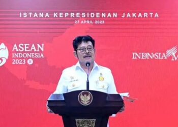 Menteri Pertanian Syahrul Yasin Limpo dalam konferensi pers di Kompleks Istana Kepresidenan Jakarta, Kamis (27/4/2023). (MASAPNEWS/ANT/HO-Biro Pers Setpres)