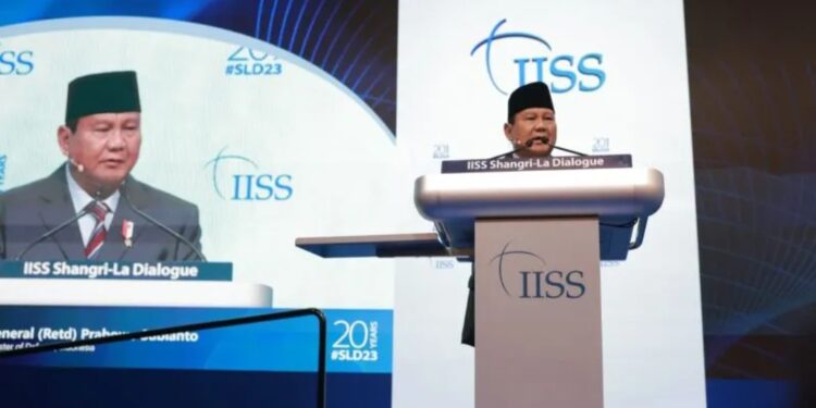 Menteri Pertahanan RI Prabowo Subianto di International Institute for Strategic Studies (IISS) Shangri-La Dialogue 20th Asia Security Summit, Singapura, Sabtu (3/6/2023). (MASAPNEWS/ANT/HO-Tim Media Prabowo Subianto)
