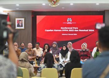 Dari kiri ke kanan: Deputi Bidang Perlindungan Khusus Anak KemenPPPA Nahar, Deputi Bidang Pemenuhan Hak Anak KemenPPPA Pribudiarta Nur Sitepu, Menteri PPPA Bintang Puspayoga, dan Plt Sekretaris Kementerian Pemberdayaan Perempuan dan Perlindungan Anak Titi Eko Rahayu dalam konferensi pers Capaian KemenPPPA Tahun 2023 dan Resolusi Tahun 2024, di Jakarta, Jumat (5/1/2024). (MASAPNEWS/ANT/HO-Kemen PPPA)
