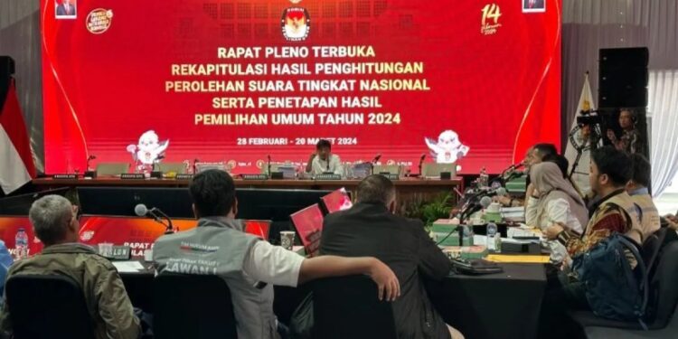 Suasana panel B “Rapat Pleno Terbuka Rekapitulasi Hasil Penghitungan Perolehan Suara Tingkat Nasional serta Penetapan Hasil Pemilu Serentak Tahun 2024” yang dipimpin Anggota KPU RI Idham Holik di Gedung KPU RI, Jakarta, Jumat (1/3/2024). (MASAPNEWS/ANT)
