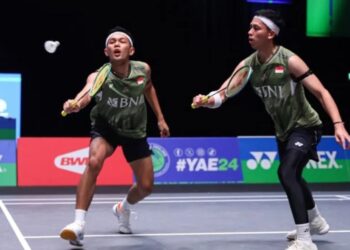 Ganda putra Indonesia Fajar Alfian/Muhammad Rian Ardianto saat berlaga di babak 32 besar All England Open 2024 di Birmingham, Inggris, Rabu (13/3/2024). (MASAPNEWS/ANT/HO/PP PBSI)