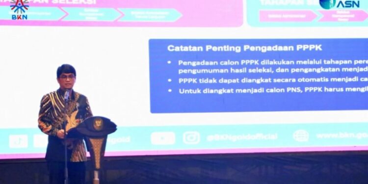 Plt. Kepala BKN Haryomo Dwi Putranto saat menyampaikan materi pada Rapat Koordinasi Persiapan Pengadaan ASN Tahun 2024 di Jakarta, Kamis (14/3/2024). (MASAPNEWS/ANT/HO-BKN)