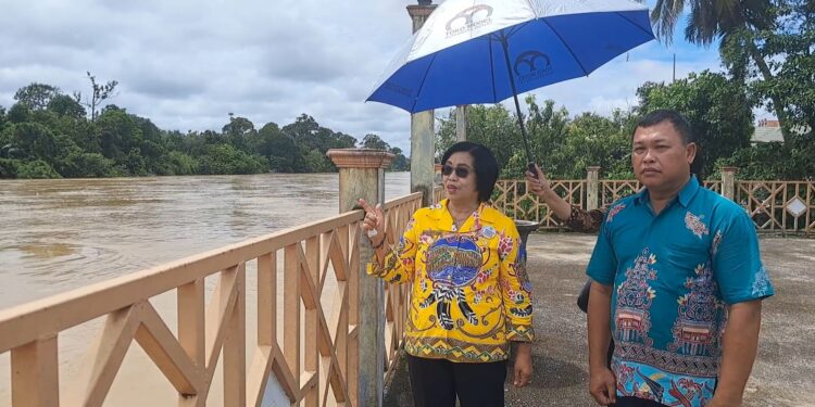 Wakil Bupati Gunung Mas Efrensia LP Umbing didampingi Sekretaris BPBD Atis memantau ketinggian air Sungai Kahayan di Kuala Kurun, Kamis (7/3/2024). (MASAPNEWS/GCM)