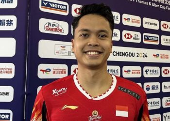 Tunggal putra Indonesia Anthony Sinisuka Ginting saat ditemui usai melakoni pertandingan fase grup Piala Thomas 2024 di Chengdu Hi Tech Zone Sports Center Gymnasium, Chengdu, China, Sabtu (27/4/2024). (MASAPNEWS/ANT)