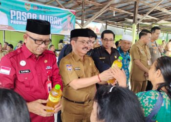 Penjabat Bupati Gumas Herson B Aden menunjukkan paket bahan pokok pada pembukaan pasar murah di Kuala Kurun, Selasa (11/6/2024). (IST)