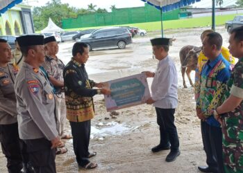 Penjabat Bupati Gumas Herson B Aden (baju putih) menyerahkan secara simbolis sapi kurban kepada Ketua DMI kabupaten HM Rusdi di Kuala Kurun, Kamis (13/6/2024). (IST)