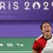 Ekspresi pebulu tangkis tunggal putri Indonesia Gregoria Mariska Tunjung usai meraih poin dari pebulu tangkis Thailand Ratchanok Intanon pada babak perempat final bulu tangkis tunggal putri Olimpiade Paris 2024 di Porte De La Chapella Arena, Paris, Prancis, Sabtu (3/8/2024). Gregoria berhasil melaju ke semifinal setelah mengalahkan Ratchanok Intanon dengan dua gim langsung 25-23, 21-9. (MASAPNEWS/ANT)