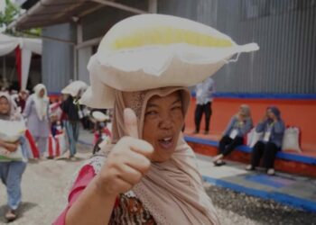 Ilustrasi - Seorang ibu menjunjung bantuan pangan beras 10 kilogram (kg) sambil mengacungkan jempol. (MASAPNEWS/ANT/HO-Humas Bapanas)