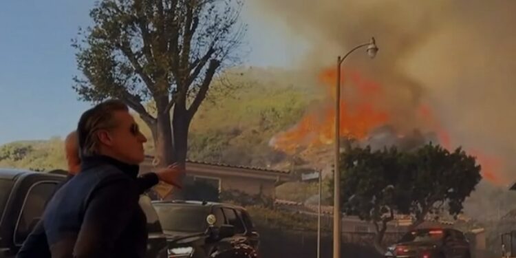 Sejumlah warga mengamati api yang melahap hutan dan lahan di Los Angeles, California, Kamis (9/1/2025). (MASAPNEWS/ANT)