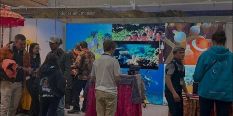 Stan pameran pariwisata Indonesia yang dibina KBRI Oslo selama agenda pameran wisata Travel Expo di Lillestrom, Oslo, Norwegia, pada 10-12 Januari 2025. (MASAPNEWS/ANT/HO-KBRI Oslo)